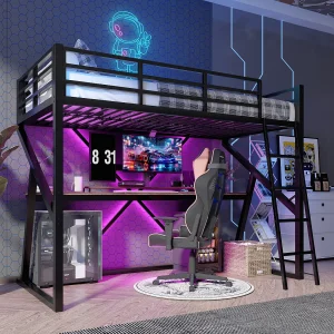 Hoogslaper 90×200 cm van zwart metaal, met LED-strip, bureau, leuning en geïntegreerde trap, zonder matras