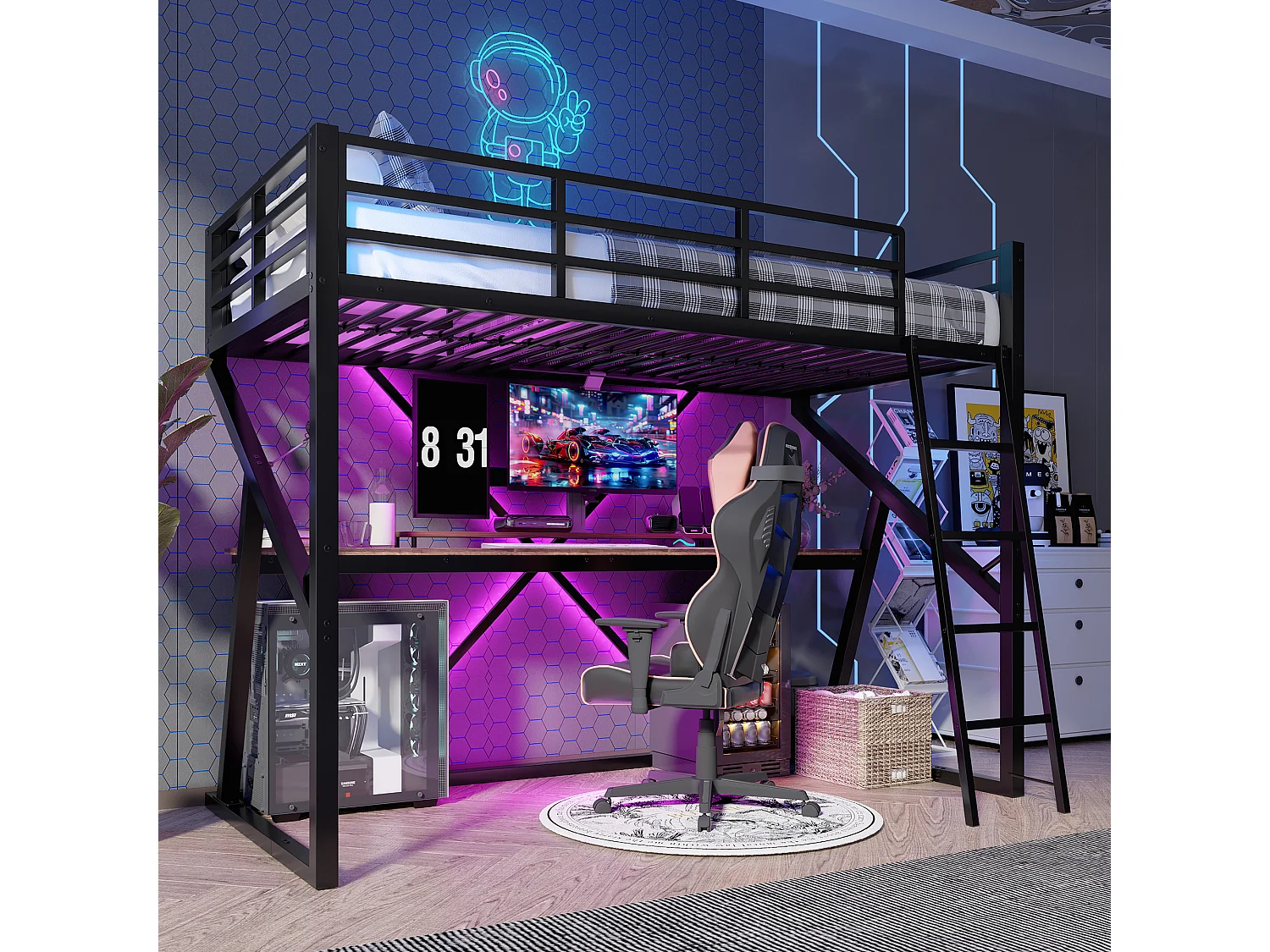 Hoogslaper 90x200 cm van zwart metaal, met LED-strip, bureau, leuning en geïntegreerde trap, zonder matras