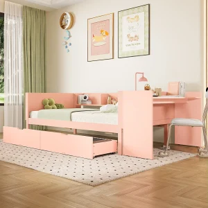 Houten bed 90×200 cm met bureau, 2 lades en planken, frame van grenenhout en panelen, zonder matras, roze Houten bed 90×200 cm met bureau, 2 lades en planken, frame van grenenhout en panelen, zonder matras, roze