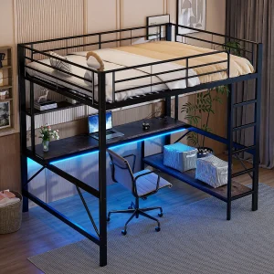 Hoogslaper 140×200 cm van zwart metaal, met LED, bureau, planken, USB-poorten en stopcontact, zonder matras Hoogslaper 140×200 cm van zwart metaal, met LED, bureau, planken, USB-poorten en stopcontact, zonder matras