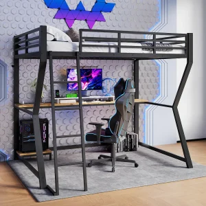 Hoogslaper 90×200 cm van zwart metaal, met LED, bureau, plank voor console, stopcontact en USB-poorten, leuning en trap Hoogslaper 90×200 cm van zwart metaal, met LED, bureau, plank voor console, stopcontact en USB-poorten, leuning en trap