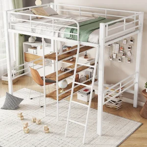 Hoogslaper 90×200 cm wit metaal, met bureau, meerdere planken, ladder en leuning, zonder matras Hoogslaper 90×200 cm wit metaal, met bureau, meerdere planken, ladder en leuning, zonder matras