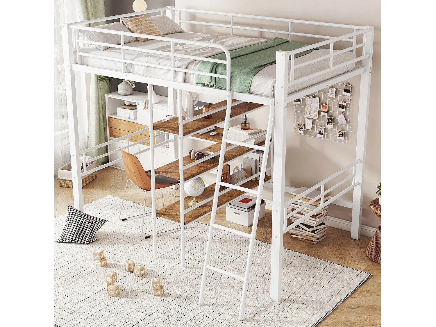 Hoogslaper 90x200 cm wit metaal, met bureau, meerdere planken, ladder en leuning, zonder matras