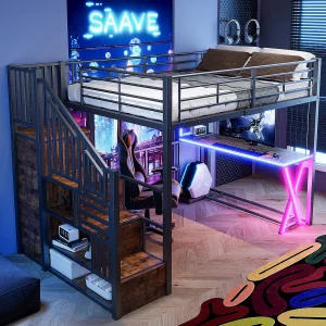 Hoogslaper 140×200 cm van zwart metaal, met LED-verlichting, bureau, kast, planken en geïntegreerde ladder, zonder matras Hoogslaper 140×200 cm van zwart metaal, met LED-verlichting, bureau, kast, planken en geïntegreerde ladder, zonder matras