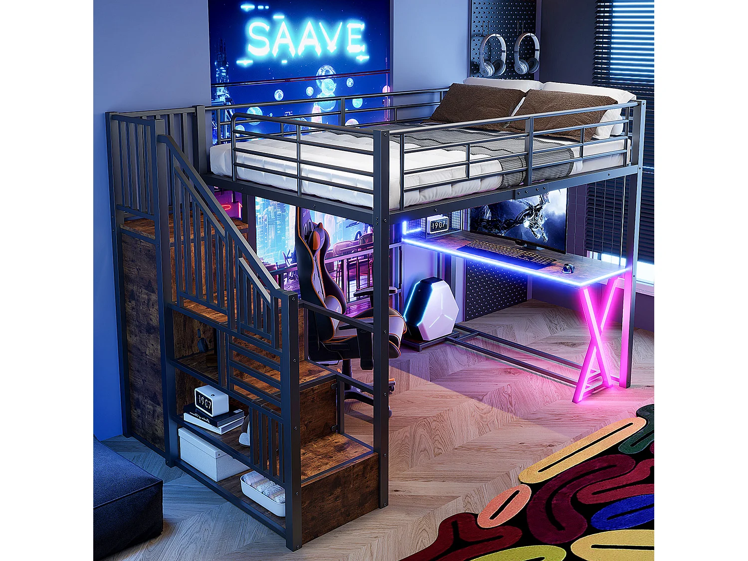 Hoogslaper 140x200 cm van zwart metaal, met LED-verlichting, bureau, kast, planken en geïntegreerde ladder, zonder matras