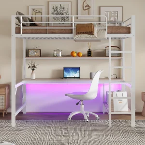 Hoogslaper 140×200 cm van wit metaal, met LED, bureau, planken, USB-poorten en stopcontact, zonder matras Hoogslaper 140×200 cm van wit metaal, met LED, bureau, planken, USB-poorten en stopcontact, zonder matras