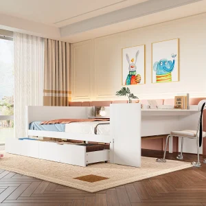 Houten bed 140×200 cm met bureau, 2 lades en opbergruimte, tweepersoons ontwerp, grenenhout en panelen, wit Houten bed 140×200 cm met bureau, 2 lades en opbergruimte, tweepersoons ontwerp, grenenhout en panelen, wit
