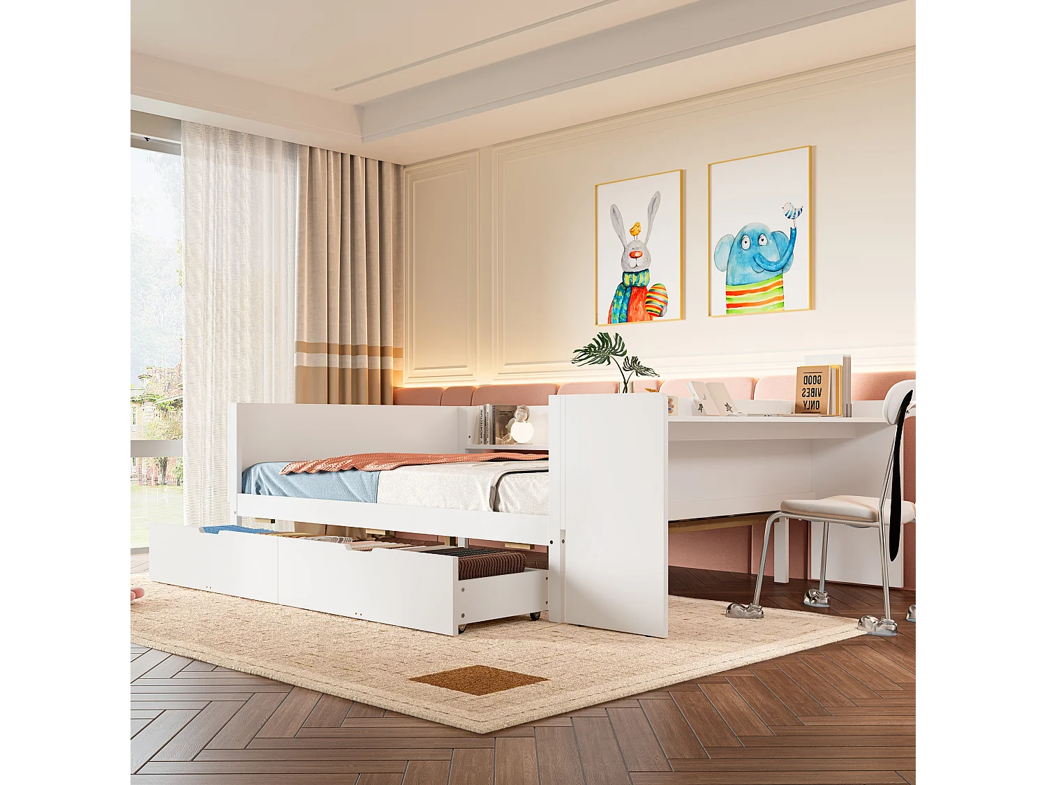 Houten bed 140x200 cm met bureau, 2 lades en opbergruimte, tweepersoons ontwerp, grenenhout en panelen, wit