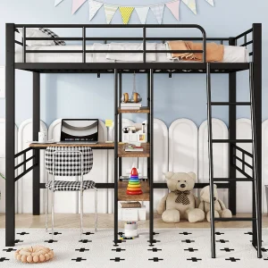 Hoogslaper 90×200 cm zwart metaal, met bureau, meerdere planken, leuning en ladder, zonder matras Hoogslaper 90×200 cm zwart metaal, met bureau, meerdere planken, leuning en ladder, zonder matras