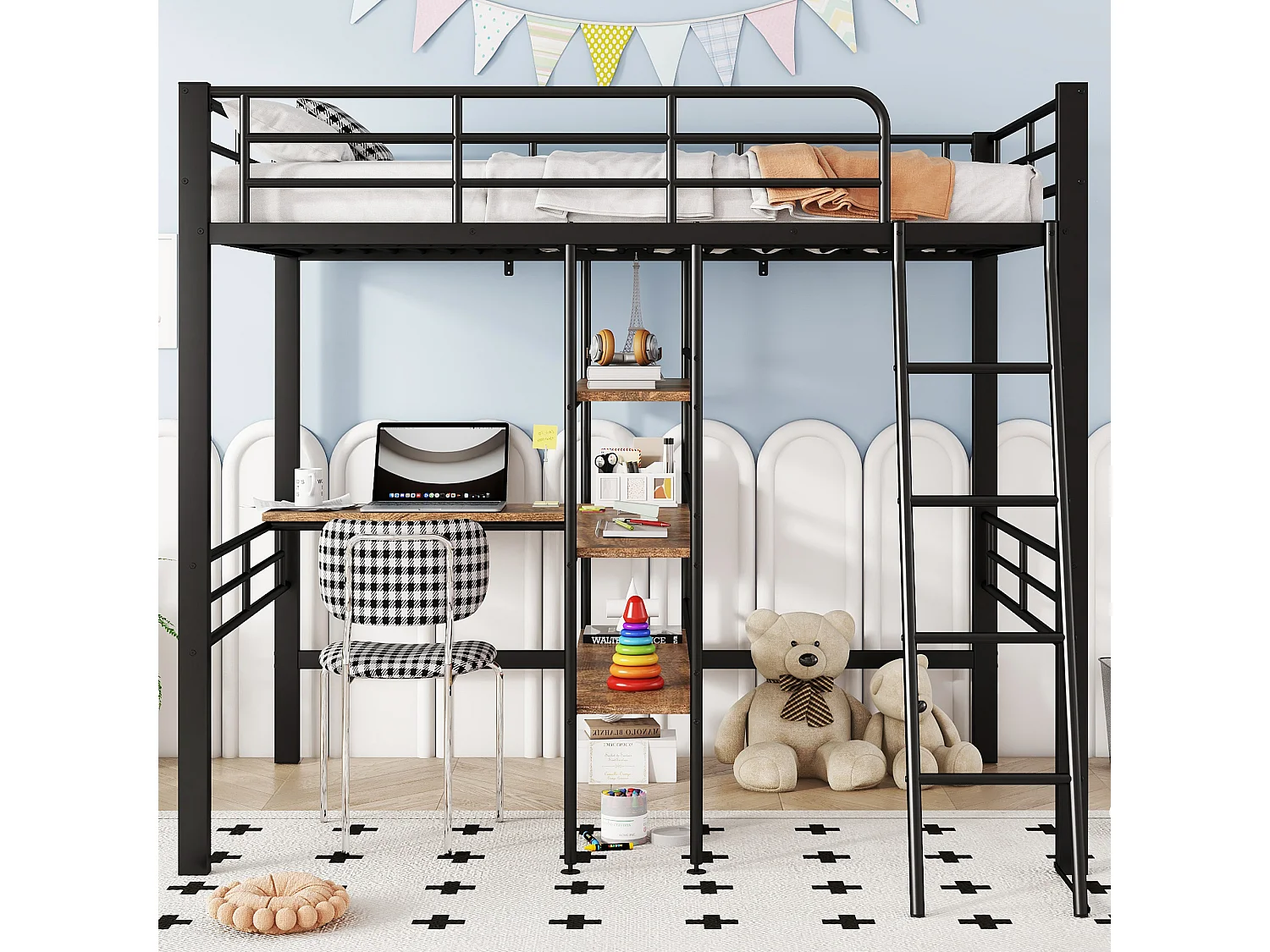 Hoogslaper 90x200 cm zwart metaal, met bureau, meerdere planken, leuning en ladder, zonder matras