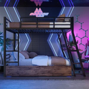 Hoogslaper 90×200 cm van zwart metaal, met LED, bureau, lades, leuning en stevige trap, zonder matras