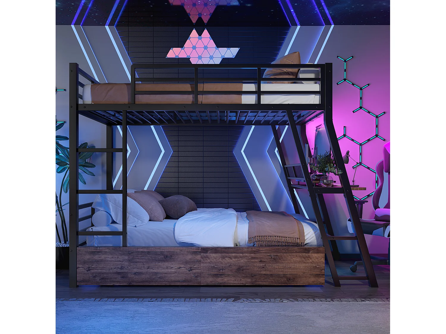Hoogslaper 90x200 cm van zwart metaal, met LED, bureau, lades, leuning en stevige trap, zonder matras