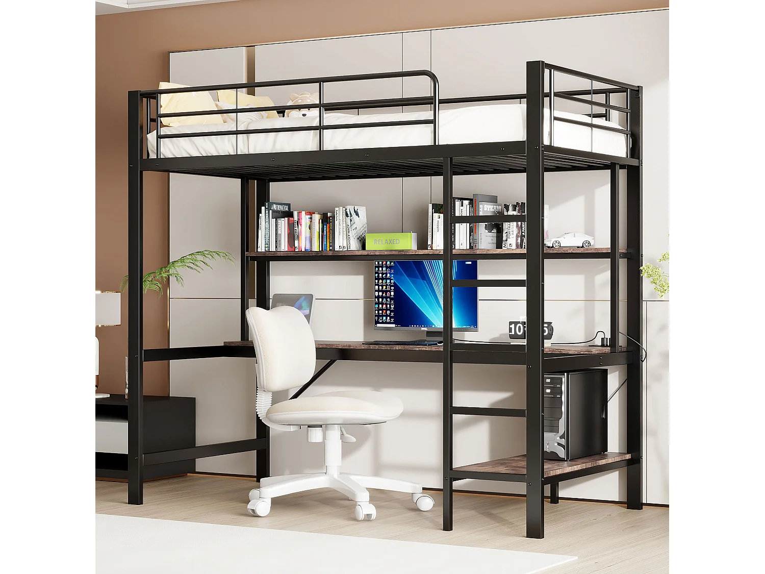 Hoogslaper 90x200 cm van zwart metaal, met LED, bureau, planken, USB-poorten en stopcontact, zonder matras