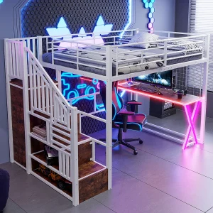 Hoogslaper 140×200 cm van wit metaal, met LED-verlichting, bureau, kast, planken en geïntegreerde ladder, zonder matras Hoogslaper 140×200 cm van wit metaal, met LED-verlichting, bureau, kast, planken en geïntegreerde ladder, zonder matras