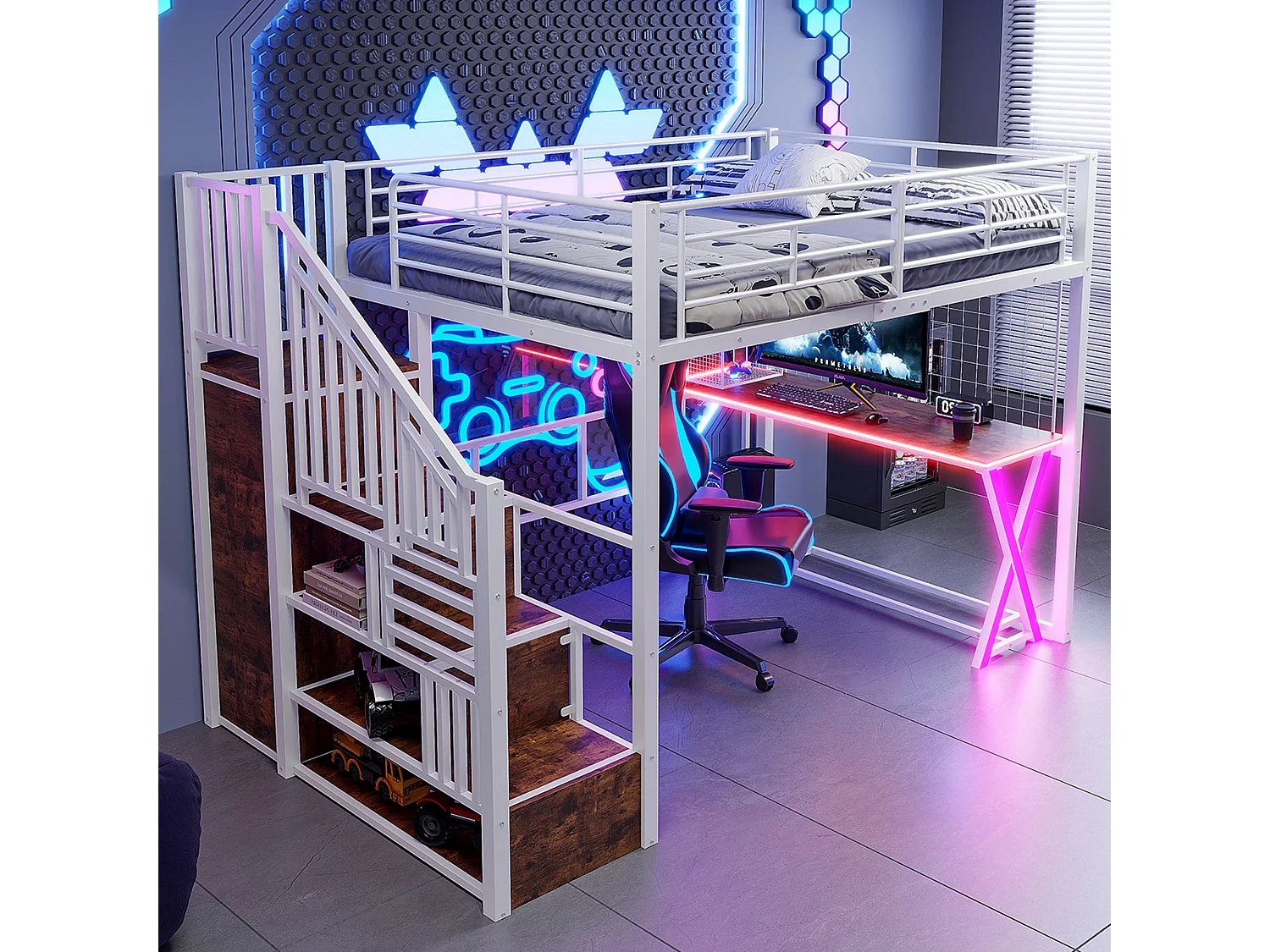 Hoogslaper 140x200 cm van wit metaal, met LED-verlichting, bureau, kast, planken en geïntegreerde ladder, zonder matras