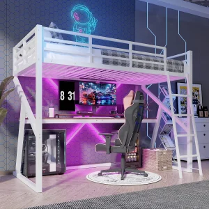Hoogslaper 90×200 cm van wit metaal, met LED-strip, bureau, leuning en geïntegreerde trap, zonder matras