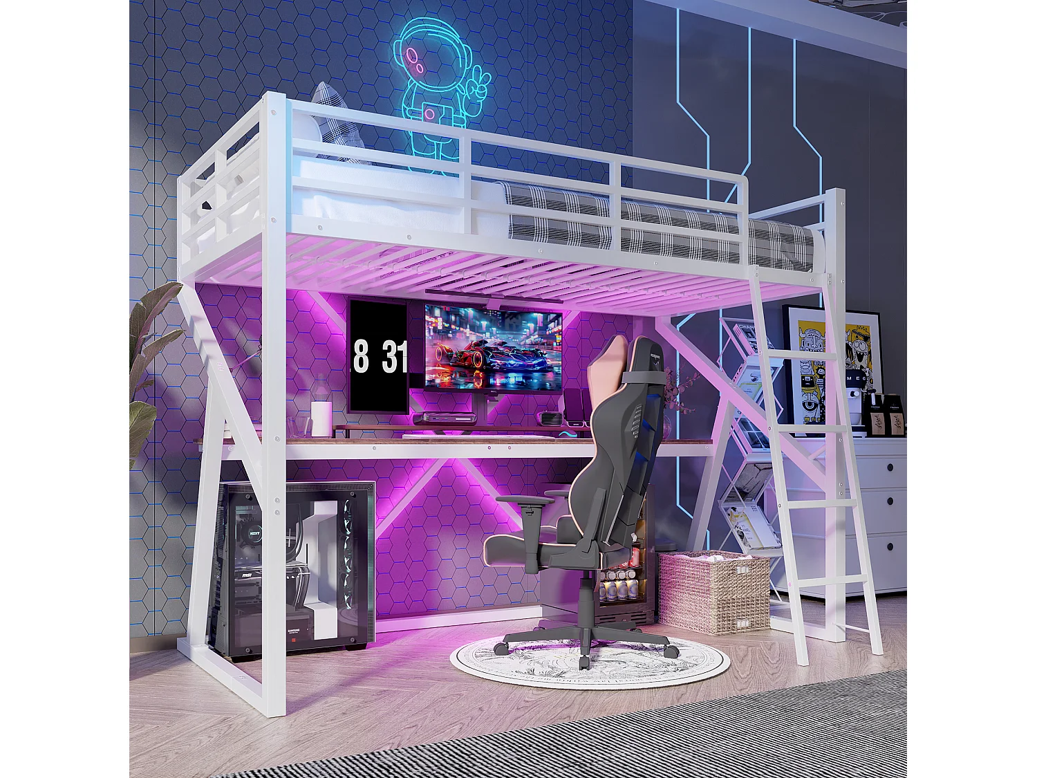Hoogslaper 90x200 cm van wit metaal, met LED-strip, bureau, leuning en geïntegreerde trap, zonder matras