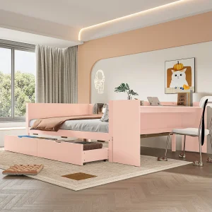 Houten bed 140×200 cm met bureau, 2 lades en opbergruimte, tweepersoons ontwerp, grenenhout en panelen, roze Houten bed 140×200 cm met bureau, 2 lades en opbergruimte, tweepersoons ontwerp, grenenhout en panelen, roze