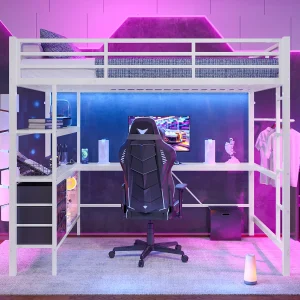 Hoogslaper 140×200 cm van wit metaal, met LED, bureau, 3 lades, planken, USB-poort, leuning en geïntegreerde trap Hoogslaper 140×200 cm van wit metaal, met LED, bureau, 3 lades, planken, USB-poort, leuning en geïntegreerde trap