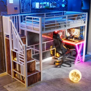 Hoogslaper 90×200 cm van wit metaal, met LED-verlichting, bureau, kast, planken en geïntegreerde ladder, zonder matras
