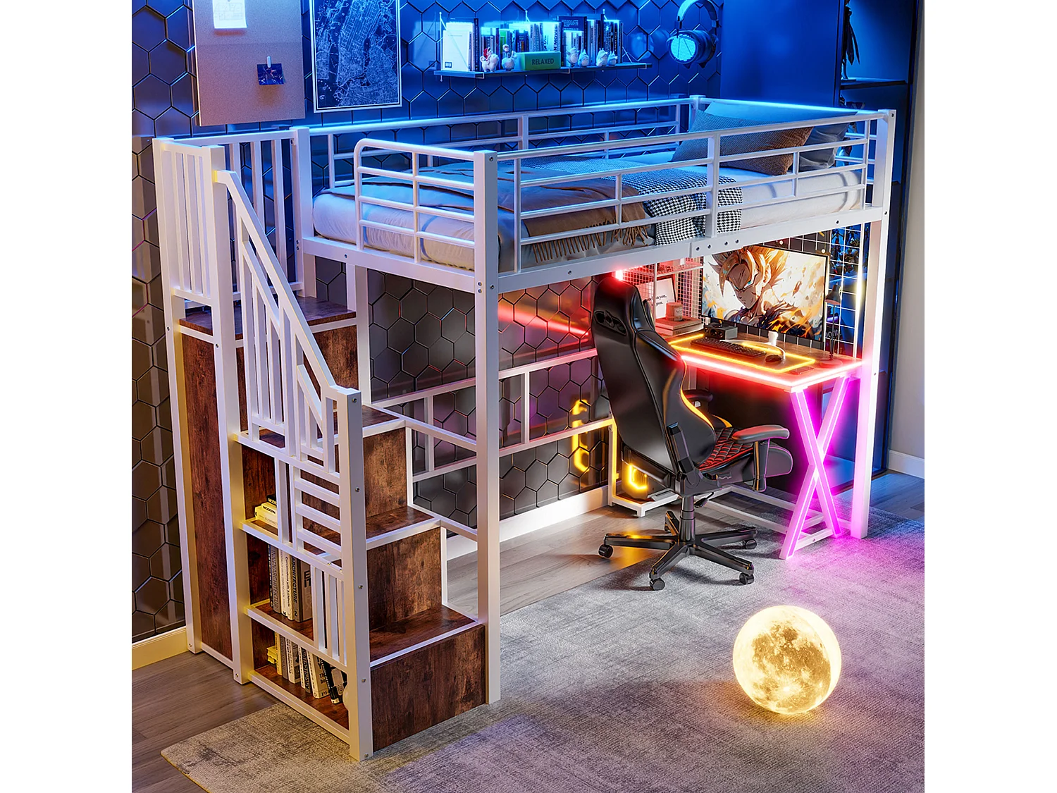 Hoogslaper 90x200 cm van wit metaal, met LED-verlichting, bureau, kast, planken en geïntegreerde ladder, zonder matras