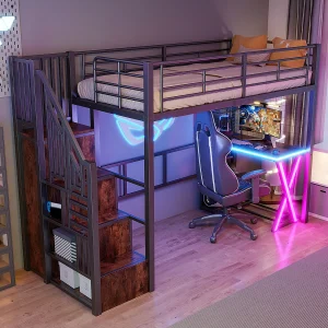 Hoogslaper 90×200 cm van zwart metaal, met LED, bureau, kast, planken en geïntegreerde ladder