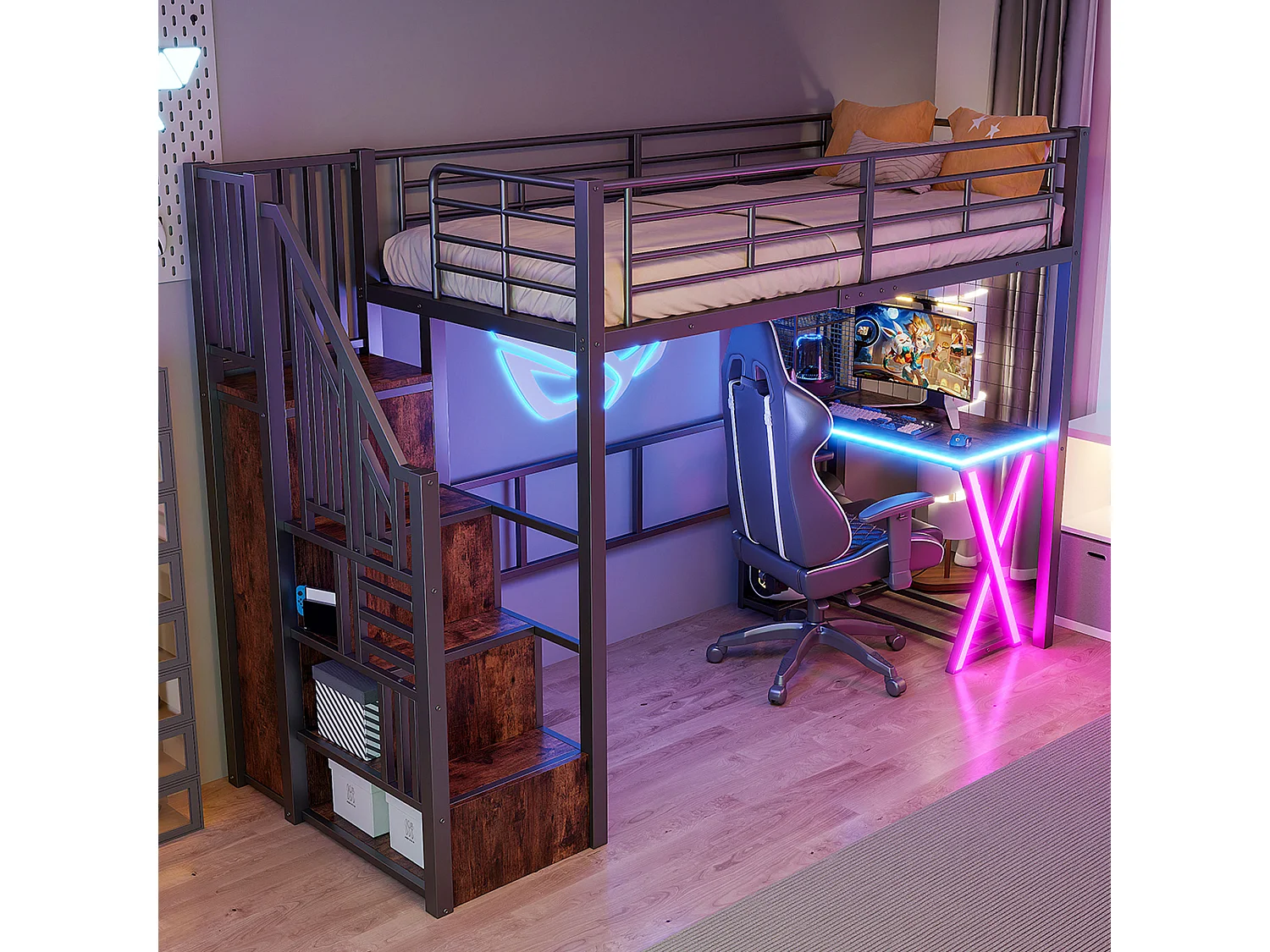 Hoogslaper 90x200 cm van zwart metaal, met LED, bureau, kast, planken en geïntegreerde ladder