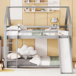Huisstapelbed 140×200 cm grijs met glijbaan en ladder, tweepersoons kinderbed voor een speelse kamer Huisstapelbed 140×200 cm grijs met glijbaan en ladder, tweepersoons kinderbed voor een speelse kamer