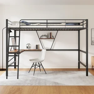 Hoogslaper 90×200 cm zwart van metaal met L-vormig bureau en geïntegreerde plank, geschikt voor kinderen, tieners en volwassenen Hoogslaper 90×200 cm zwart van metaal met L-vormig bureau en geïntegreerde plank, geschikt voor kinderen, tieners en volwassenen