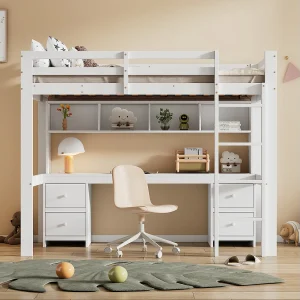 Hoogslaper 90×200 cm wit met ingebouwd bureau, grote opbergruimte, hoog veiligheidshek en stabiele trap Hoogslaper 90×200 cm wit met ingebouwd bureau, grote opbergruimte, hoog veiligheidshek en stabiele trap
