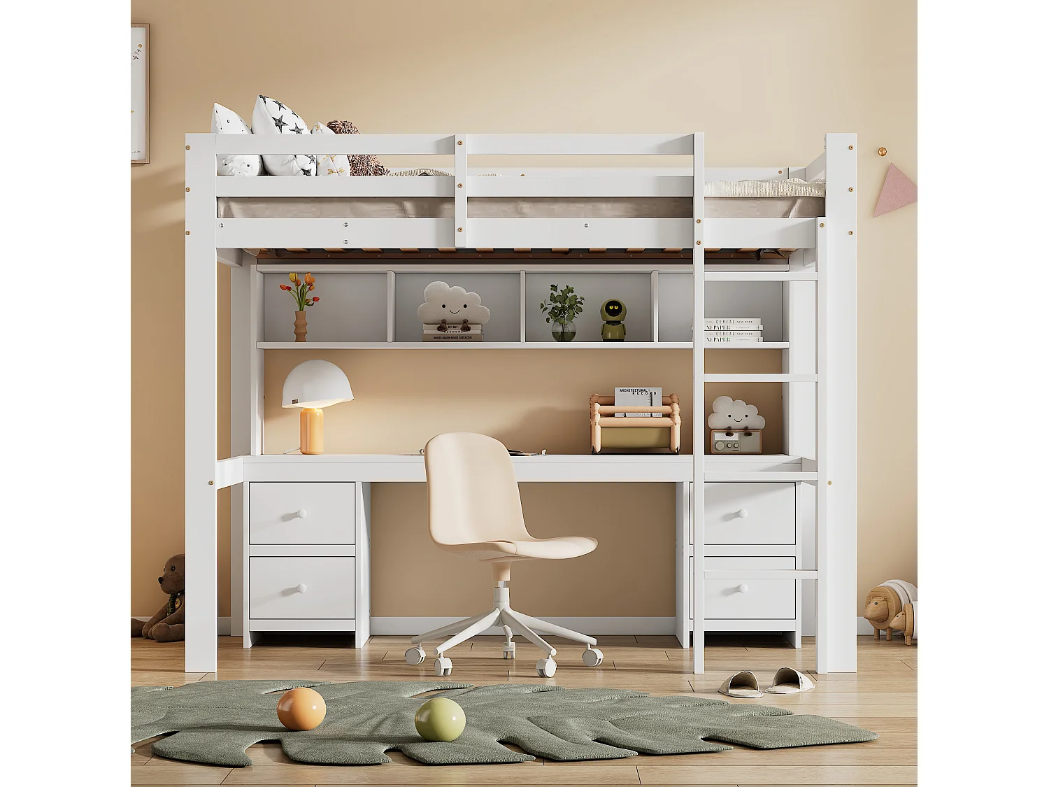 Hoogslaper 90x200 cm wit met ingebouwd bureau, grote opbergruimte, hoog veiligheidshek en stabiele trap