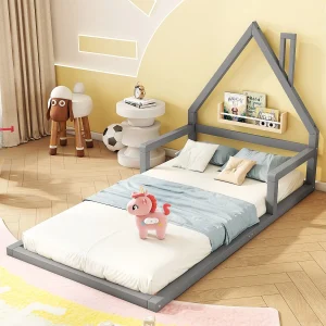 Huisbed kind 90×200 cm grijs in massief grenen, huisontwerp, minimalistische stijl, ideaal voor moderne kamer