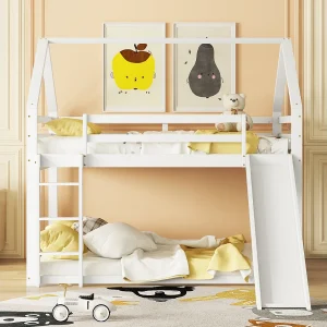 Huisstapelbed 140×200 cm wit met glijbaan en ladder, tweepersoons kinderbed, speels en praktisch design Huisstapelbed 140×200 cm wit met glijbaan en ladder, tweepersoons kinderbed, speels en praktisch design