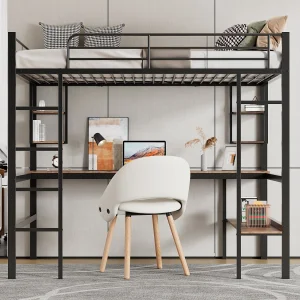 Hoogslaper 90×200 cm zwart van metaal met bureau en 5 planken, opbergruimte voor kinderen en tieners Hoogslaper 90×200 cm zwart van metaal met bureau en 5 planken, opbergruimte voor kinderen en tieners