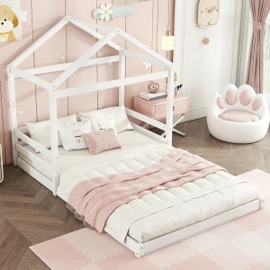 Huisbed 140×200 cm in wit grenen met lattenbodem, minimalistische stijl, ideaal voor moderne kinderkamer Huisbed 140×200 cm in wit grenen met lattenbodem, minimalistische stijl, ideaal voor moderne kinderkamer