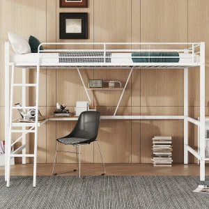 Hoogslaper 90×200 cm wit van metaal met L-vormig bureau en plank, voor kinderen, tieners en volwassenen, zonder matras Hoogslaper 90×200 cm wit van metaal met L-vormig bureau en plank, voor kinderen, tieners en volwassenen, zonder matras