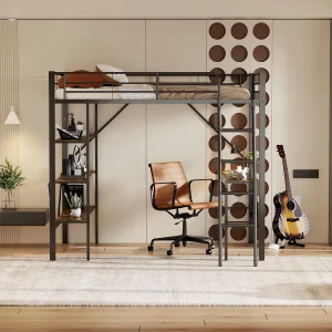 Hoogslaper 90×200 cm zwart van metaal met bureau en planken, praktische werkruimte voor jongvolwassenen Hoogslaper 90×200 cm zwart van metaal met bureau en planken, praktische werkruimte voor jongvolwassenen