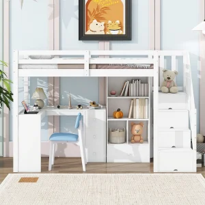 Hoogslaper 90×200 cm wit met veiligheidshek, bureau, lades, open planken en uitschuifbare ladder, EN747-gecertificeerd Hoogslaper 90×200 cm wit met veiligheidshek, bureau, lades, open planken en uitschuifbare ladder, EN747-gecertificeerd