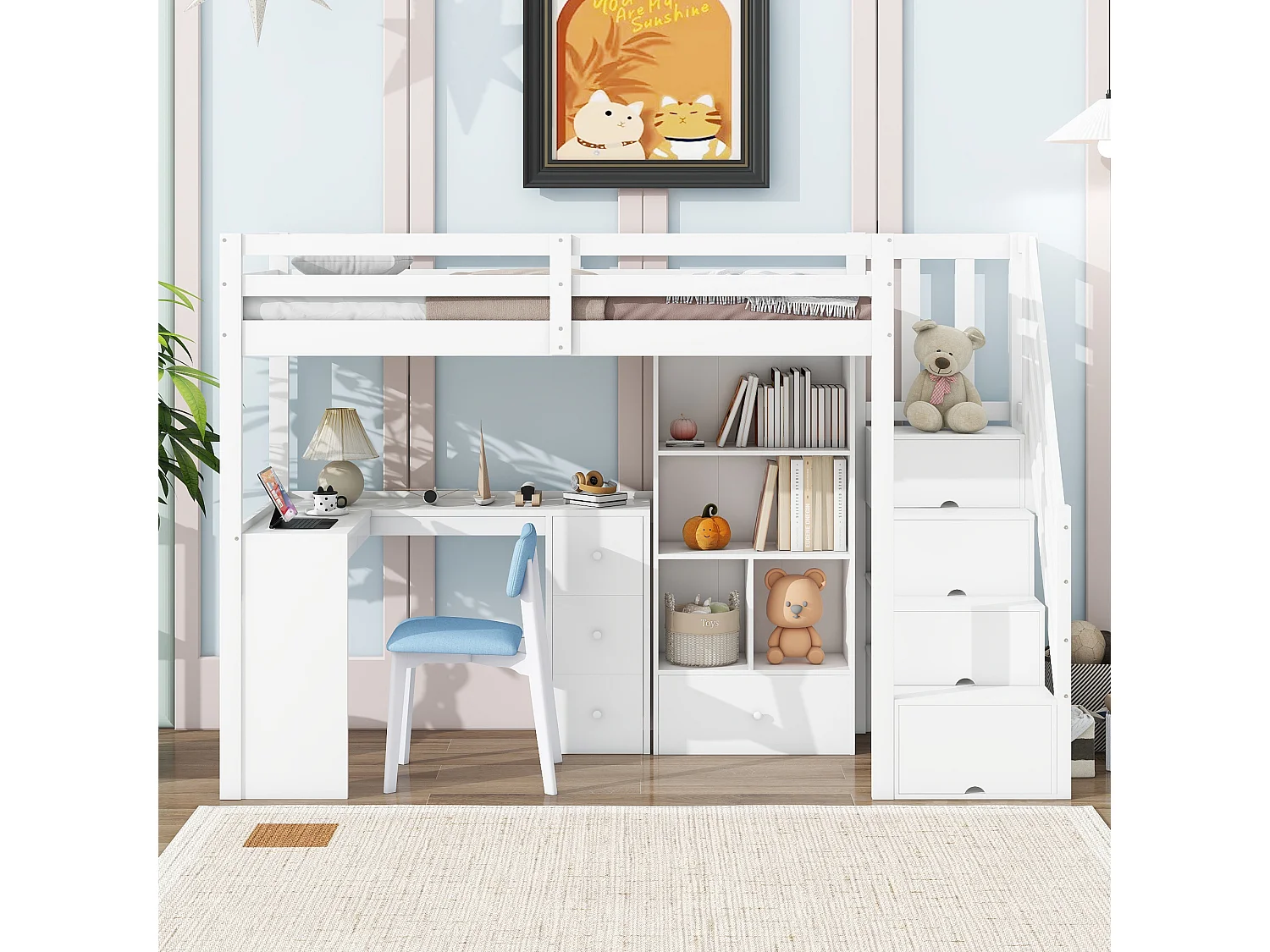Hoogslaper 90x200 cm wit met veiligheidshek, bureau, lades, open planken en uitschuifbare ladder, EN747-gecertificeerd