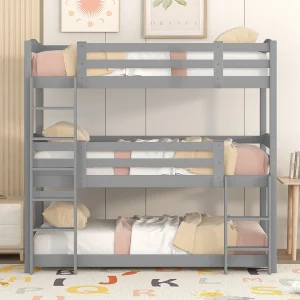 Houten stapelbed 90×200 cm voor kinderen, drie lagen, zonder matras, compacte en veilige constructie, Grijs Houten stapelbed 90×200 cm voor kinderen, drie lagen, zonder matras, compacte en veilige constructie, Grijs