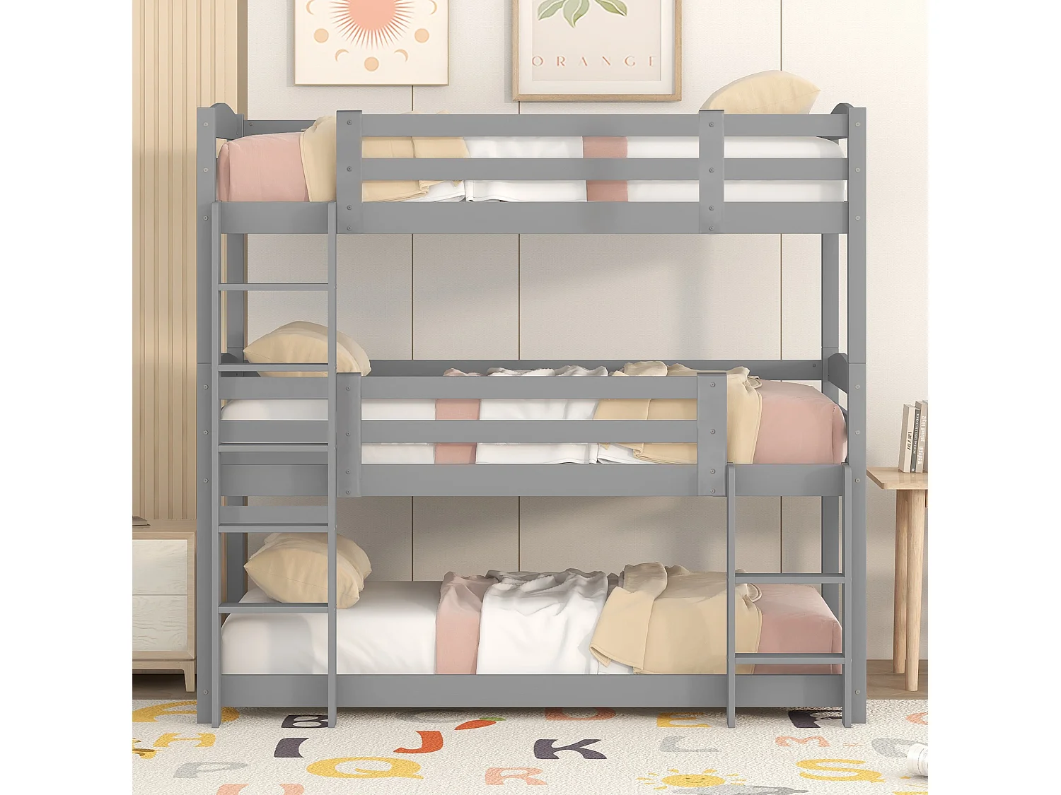 Houten stapelbed 90x200 cm voor kinderen, drie lagen, zonder matras, compacte en veilige constructie, Grijs