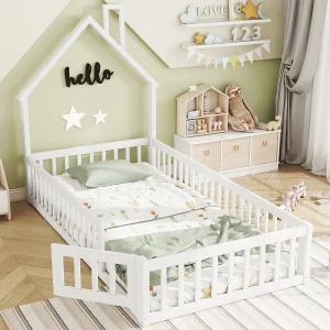 Huisbed 90×200 cm in wit grenen met lattenbodem, schoorsteenstijl, huisvorm, voor kinderkamer Huisbed 90×200 cm in wit grenen met lattenbodem, schoorsteenstijl, huisvorm, voor kinderkamer