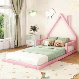Huisbed kind 90×200 cm roze in massief grenen, huisvorm, eenvoudig en warm design voor meisjeskamer