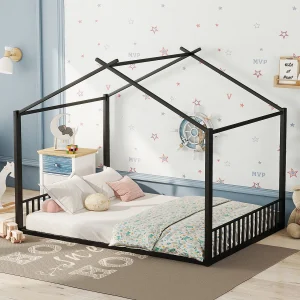 Huisbed 140×200 cm zwart van metaal, kinderstijl, stevige constructie met decoratieve spijlen, zonder matras Huisbed 140×200 cm zwart van metaal, kinderstijl, stevige constructie met decoratieve spijlen, zonder matras