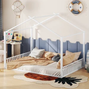 Huisbed 140×200 cm wit van metaal, kinderbed zonder matras, eenvoudig ontwerp en stevig frame Huisbed 140×200 cm wit van metaal, kinderbed zonder matras, eenvoudig ontwerp en stevig frame