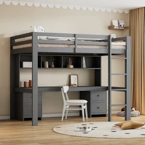 Hoogslaper 90×200 cm grijs met ingebouwd bureau, stevige trap, praktische opbergruimtes en veiligheidshek
