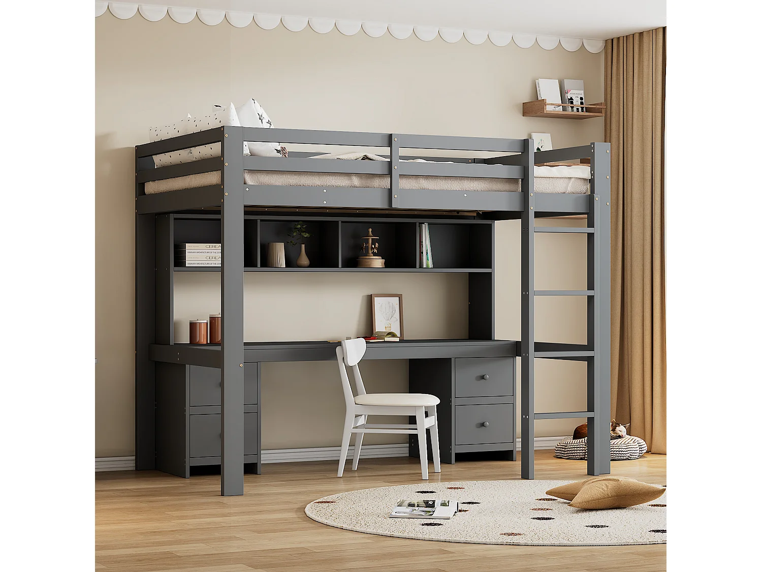Hoogslaper 90x200 cm grijs met ingebouwd bureau, stevige trap, praktische opbergruimtes en veiligheidshek