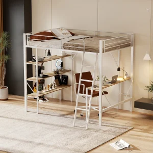 Hoogslaper 90×200 cm wit van metaal met geïntegreerd bureau en drie planken, ideaal voor kinderen en tieners Hoogslaper 90×200 cm wit van metaal met geïntegreerd bureau en drie planken, ideaal voor kinderen en tieners