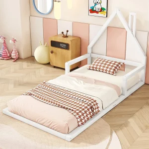 Huisbed kind 90×200 cm wit in massief grenen, huisstructuur, strak en veilig design voor kinderkamer
