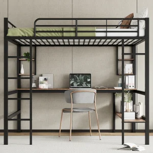 Hoogslaper 140×200 cm zwart van metaal met bureau, 5 planken, stevige constructie, zonder matras, geschikt voor gezinnen